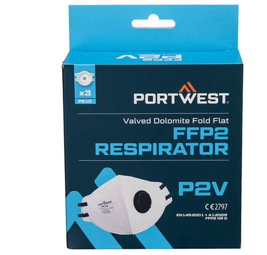 Portwest P210 Valved Dolomite Fold Flat Disposable Masks (Pack 3)