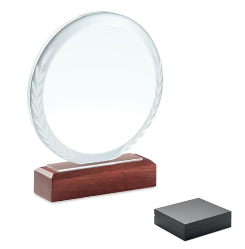 KEEN Elegant Round Crystal Award on Beech Wood Base