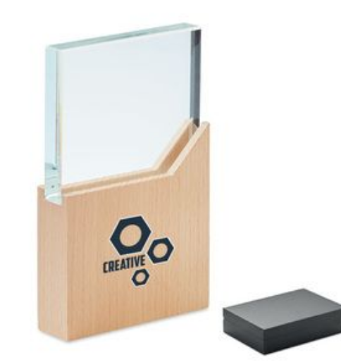 Elegant Crystal Award Plaque with Wooden Base