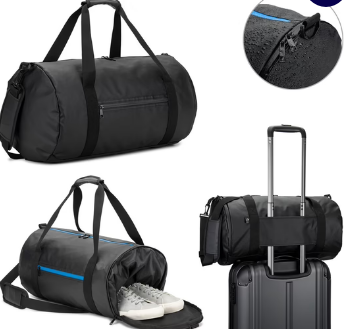 Cylindrical sports bag in high-density 600D recycled polyester with side compartment for shoes